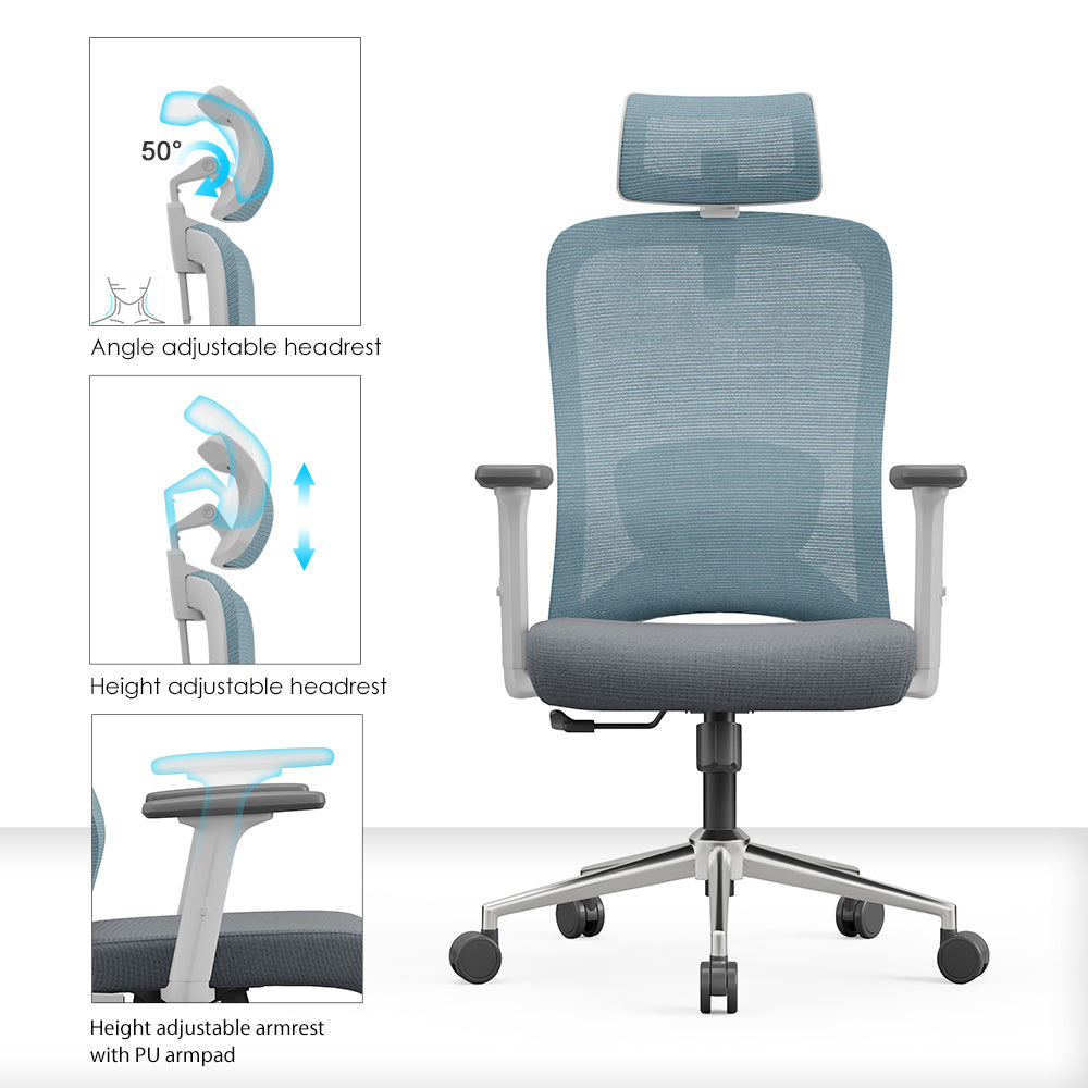 TH HIGH BACK OFFICE CHAIR (BLACK FRAME + BLUE FRAME + GREY FABRIC)